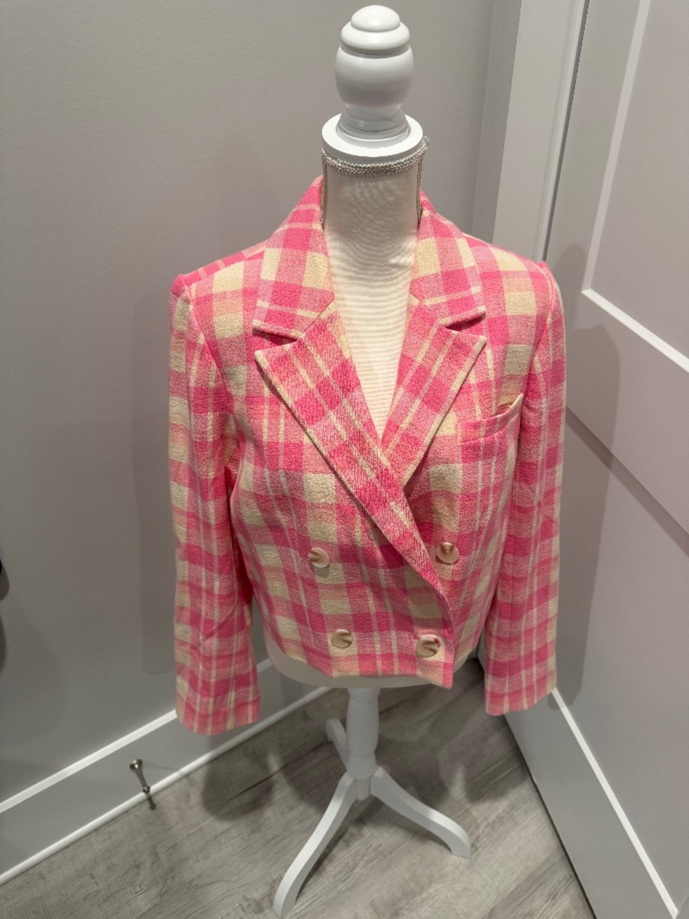 Anthropologie Maeve Plaid Pink and White Suit Jacket Large NWT